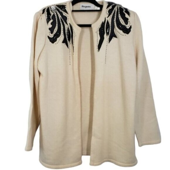 Vintage Lambswool Angora Open Cardigan Sweater Faux Leather Details with Bead… - Picture 1 of 15